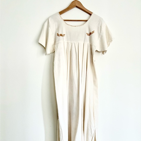 Embroidered Cream and Tan Mexican Manta Dress - Picture 3 of 6